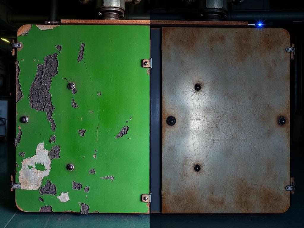 Before and after laser paint stripping on industrial machinery panel
