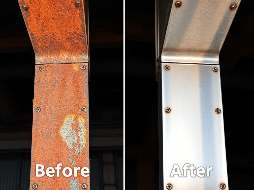 Before and after laser rust removal on a structural steel beam