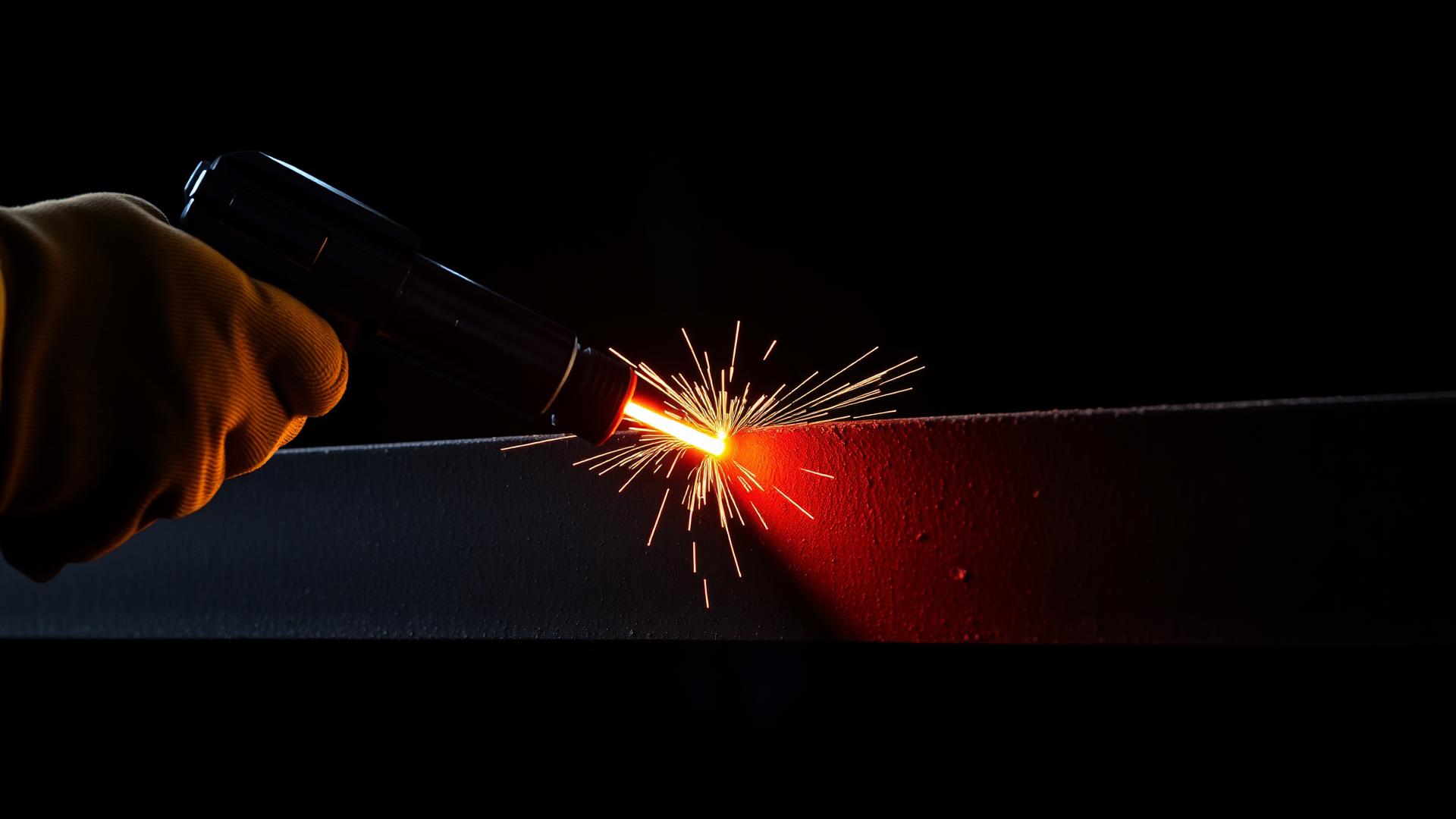 Laser cleaning gun stripping rust from a steel beam with bright sparks